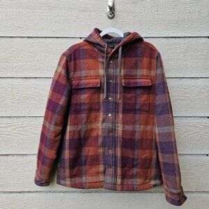 prAna Asgard hooded flannel long sleeve shacket purple brown orange plaid medium